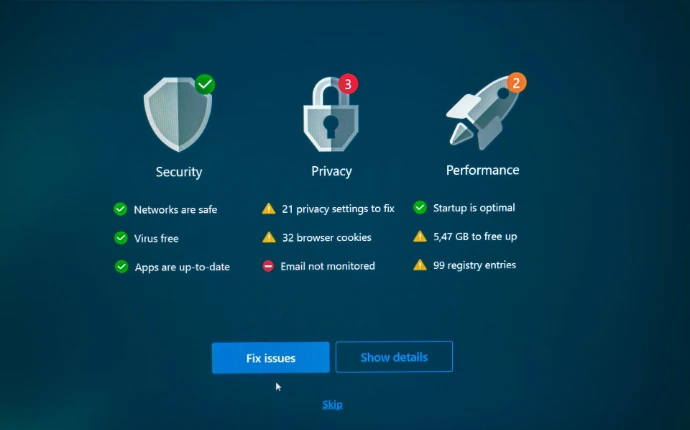 Security, privacy, and performance status with fix options